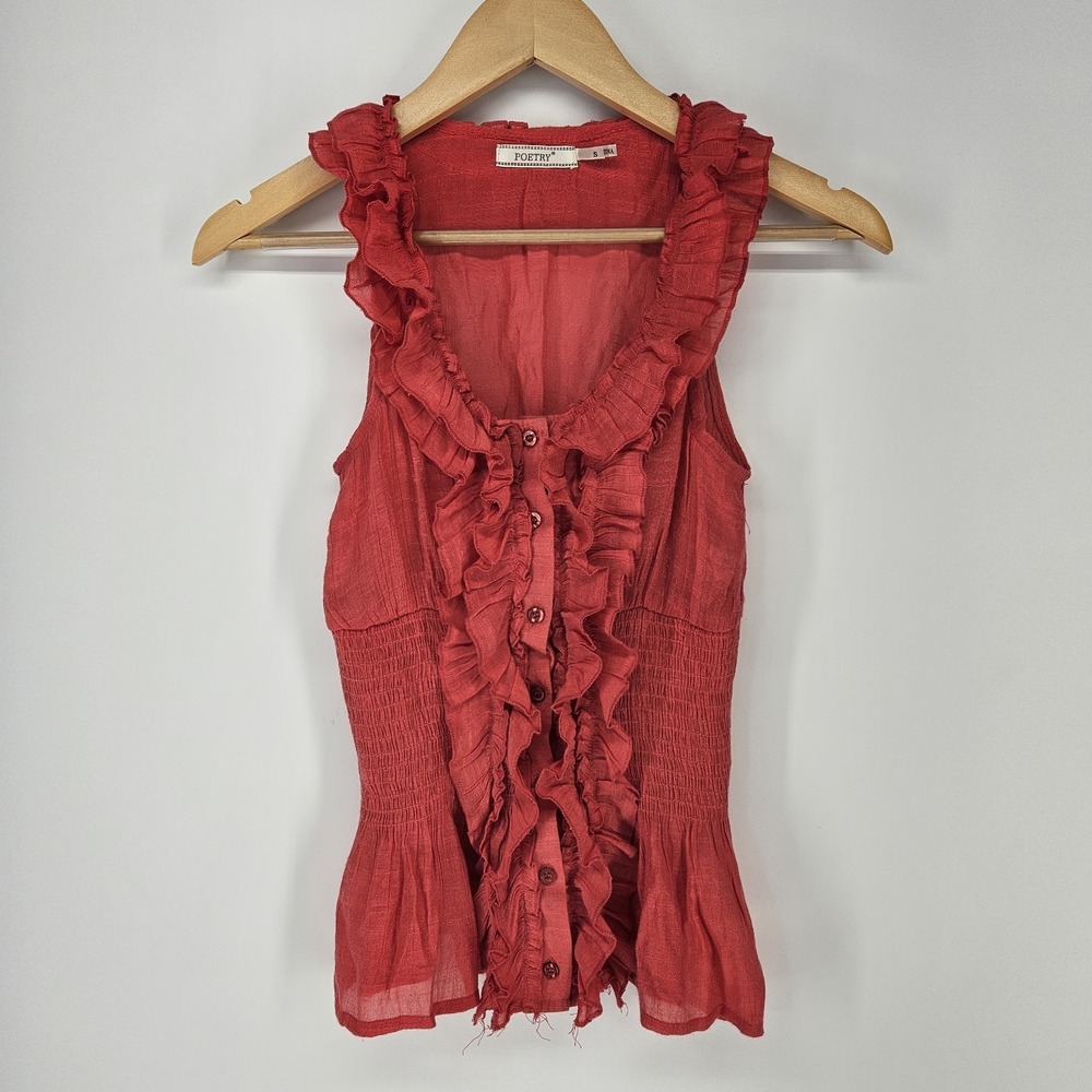 Poetry Ruffle Blouse Womens Small Red Smocked Waist Button Front Peplum Top Boho